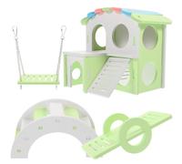YARNOW Maison de Jeu pour Hamster 4 Pièces Colorées Balançoire Verte Bascule Grand Pont Arc Vert-Blanc Villa Toit Vert en PVC Grignotable Cachette Décor D’Habitat pour Petits