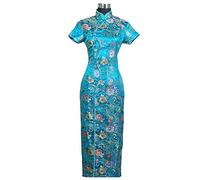 YAROVA Robe Cheongsam pour Femmes - Cheongsam Traditionnel Chinois Femmes Satin Long Élégant Fête Mariage Amélioré Oriental Qipao Robe Printemps Été Manches Courtes,Blue,L