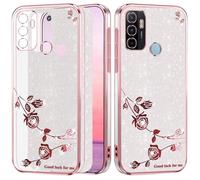 Yarxiawin Glitter Étui pour Oppo A53s avec Fleur (Argento-Rosa) | Esthétique Housse pour OPPO A53 Coque Transparente Paillette Silicone Doux Case Légère Mince pour Femmes