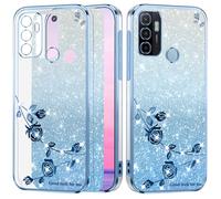 Yarxiawin Glitter Étui pour Oppo A53s avec Fleur (Blu) | Esthétique Housse pour OPPO A53 Coque Transparente Paillette Silicone Doux Case Légère Mince pour Femmes