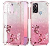 Yarxiawin Glitter Étui pour Oppo A53s avec Fleur (Rosa) | Esthétique Housse pour OPPO A53 Coque Transparente Paillette Silicone Doux Case Légère Mince pour Femmes