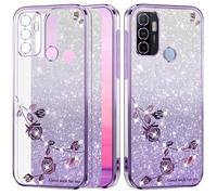 Yarxiawin Glitter Étui pour Oppo A53s avec Fleur (Viola) | Esthétique Housse pour OPPO A53 Coque Transparente Paillette Silicone Doux Case Légère Mince pour Femmes