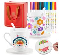 Yaryang Kit Mugs à Peindre Tasses en Porcelaine à Personnaliser avec 2 Tasses Blanches 2 Cuillères 12 Couleurs Stylos 2 Sous-Verres Vierges Mug à Décorer Cadeau pour Anniversaire Adultes Mariage Noël