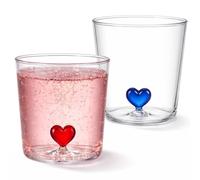 Yaryang Lot de 2 Verres 300 ml avec Cœur Intérieur - Verre en Borosilicate Transparent, sans Anse, Design Cœur Rouge et Bleu, pour Eau, Lait, Café et Décoration de Table