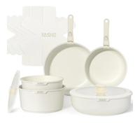 YASHE Batterie de Cuisine 13Pcs, Batterie Cuisine avec Couvercle Empilable, Lot Casserole et Poele Induction, Poignée Amovible, Passe au Four, Revêtement Antiadhésif, Crème, Blanc