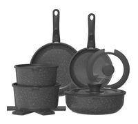 YASHE Batterie de Cuisine 15 Pièces, Poêles et Casseroles avec Revêtement Antiadhésif Effet Granit, Poignées Amovibles, Empilable, Facile à Nettoyer, Compatible Induction, Gaz et Vitrocéramique,grise