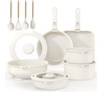 YASHE Batterie de cuisine 21 pièces, Ensemble de casseroles et poêles antiadhésifs, poignées amovibles, couvercles en verre, compatible induction, four, empilable, blanc