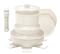YASHE Batterie de Cuisine 9 Pièces, Set de Casseroles et Poêles Antiadhésives, Compatible Tous Feux dont Induction, Poignées Amovibles, Passe au Four, Design Empilable et Gain de Place, Blanc