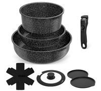 YASHE Batterie de Cuisine 9 Pièces, Set de Casseroles et Poêles Antiadhésives, Compatible Tous Feux dont Induction, Poignées Amovibles, Passe au Four, Design Empilable et Gain de Place, Grise