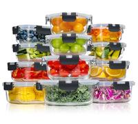 YASHE Boite Alimentaire Verre avec Couvercle Hermétique - Lot de 12 Lunch Box Verre Réutilisables, Sans BPA, Compatibles Micro-ondes, Four, Lave-vaisselle, Congélateur, Noir