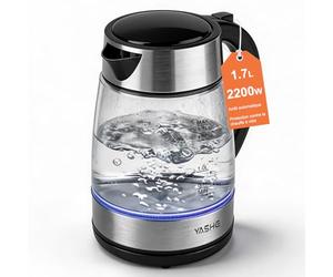 YASHE Bouilloire Électrique en Verre 1,7L, 2200W Ébullition Rapide avec LED Bleue, Filtre Anticalcaire, Arrêt Automatique et Protection contre l'Ébullition à Sec