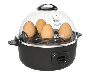YASHE Cuiseur à œufs, capacité 7 œufs, pour œufs durs, mollets et à la coque, Fonction pocheuse et cuiseur à omelette, Plateau et bol à œufs sans BPA, Arrêt automatique, Signal sonore, Noir