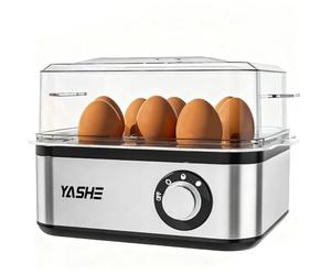 YASHE Cuiseur à œufs, capacité 8 œufs, en acier inoxydable. Pour œufs à la coque, mollets et durs, Fonction pocheuse, signal sonore, Bol à omelette et verre doseur inclus, Sans BPA