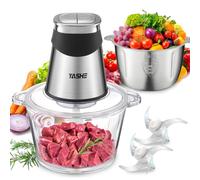 YASHE Hachoir Électrique 1,8L+2L, Robot de Cuisine avec Récipients en Verre et en Acier Inoxydable, Hachoir à Viande 500W à 2 Vitesses avec 2 Jeux de Lames
