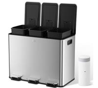 YASHE Poubelle de Cuisine 45L, Meuble Poubelle à 3 Compartiments en Acier Inoxydable avec Pédale, 20 Sacs et Seaux Amovibles, 3x15L