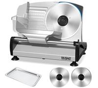 YASHE Trancheuse à viande avec moteur CC silencieux, trancheuse électrique de 200 W, double lames amovibles en acier inoxydable de 19 cm et chariot de nourriture, protection enfant, épaisseur réglable