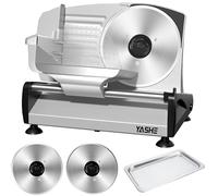 YASHE Trancheuse Électrique, Lames Inox Doubles 19 cm, Épaisseur 0-15 mm | Trancheuse à Jambon, Moteur DC Silencieux, Lames Dentée et Lisse, Plateau en Acier Inoxydable, Pour Viande, Pain, 200W