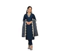 Yashika Ensemble de pantalon Kurta en soie mélangée avec impression numérique en coton Mal et broderie pour toutes les occasions indiennes, bleu, L