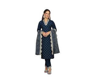 Yashika Ensemble de pantalon Kurta en soie mélangée pour femme avec impression numérique en coton Mal Dupatta et broderie pour toutes les occasions indiennes, bleu, L
