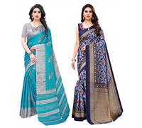 Yashika Lot de 2 saris en soie avec chemisier pour femme Bleu marine