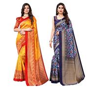 Yashika Lot de 2 saris en soie avec chemisier pour femme Moutarde Minali-SWATI Bleu marine