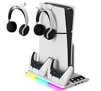 Yaskyly Support PS5/Slim/Pro Ventilateur de Refroidissement PS5 à 3 Vitesses, Chargeur Manette PS5 pour PlayStation 5 avec Indicateur RVB Station de Recharge pour PlayStation 5 avec 3 Ports USB