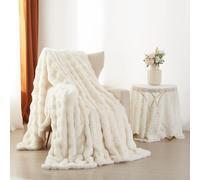 YASMENG Couverture Polaire 200x220 cm Hiver Chaude Blanc Crème Jeté de Canapé Peluche Imitation Fourrure de Lapin Texture à Bulles Super Douce Douillette Plaid Canapé Polaire Moelleuse Cadeau Femme