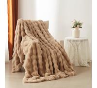YASMENG Couverture Polaire 220x240 cm Hiver Chaude Kaki Jeté de Canapé Peluche Imitation Fourrure de Lapin Texture à Bulles Super Douce Douillette Plaid Canapé Polaire Moelleuse Cadeau Femme
