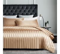 YASMENG Housse de Couette Satin 220x240 Beige Or Rayé Brillant Deluxe Parure de Lit Satin Doux Soyeux Soie Linge de Lit 2 Personne Adulte avec Fermeture Éclair avec Taies d'oreiller 65x65 cm