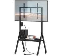 YATINEY DS07UBB Support TV roulant pour téléviseurs de 50" avec prises de courant, support TV mobile sur roulettes et étagère, chariot TV avec support pivotant, pour salon, salle de conférence