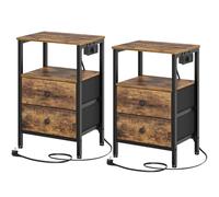 YATINEY Tables d’Appoint avec Station de Charge, Lot de 2, Tables de Chevet avec 2 tiroirs, Tables Basses industrielles pour Petit Espace, Salon, Chambre, Bureau, Marron Rustique et Noir XET02L2CBR