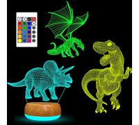 YATOSEEN Dinosaure Lampe Illusion 3D, 16 Changements de Couleur et Télécommande pour Cadeaux de Noël et Décorations de Chambre, y Compris Tyrannosaure Rex Dragon volant Tricératops 3 motifs