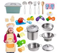 YATOSEEN Lot de 25 Jouets Cuisine en Acier Inoxydable avec Casseroles et Poêles, Ustensiles de Cuisine, Tablier et Toque de Chef, Coupe de Légumes, Jouets de Cuisine et Jouets Alimentaires