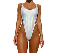 YAUASOPA Maillot de Bain Une pièce à Couleur métallisée Effet Liquide pour Femme, Couleur Unie, Argent Clair., Taille M