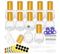 Yauhar Lot de 12 flacons à bille d'huile essentielle de voyage de 8 ml avec boule en acier inoxydable et bouchon doré contenant un flacon à rouleau en verre transparent polygonal, des ouvre-bouteilles