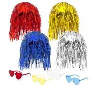 YAUOIPI 8 Pièces Métallique Brillant Perruque et de Soleil Set,Perruque Disco Perruques Cosplay pour Déguisements,pour Adultes Hommes et Femmes, Accessoires Photo pour Noël et Halloween (8 Pièces)