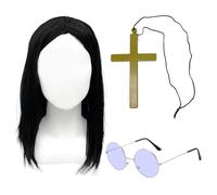 YAUOIPI Ensemble d'accessoires 3 pièces Prince des Ténèbres, kit de costume hippie Rock Star Legend, longue perruque noire, croix dorée, lunettes violettes, pour Halloween des années 60/70/80, musique