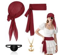 YAUOIPI Lot de 4 accessoires de costume de pirate vintage médiéval de capitaine pirate, bandana, ceinture, collier avec pendentif ancre, cache-œil, pour Halloween, cosplay, carnaval (rouge)