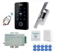 YAVIS Kit Système de Contrôle d'Accès WiFi TUYA, Clavier D'empreintes Tactile avec Écran, Serrure de Porte électrique NC, IP68 Étanche, RFID NFC 125KHz/13.56MHz, Alimentation, Sonnette Porte, Boutons