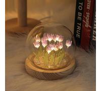 Yawdil Veilleuse LED décorative en forme de tulipe, lampe de table en verre avec fleurs artificielles, cadeau de Noël ou d'anniversaire pour femme, petite amie, épouse, sœur, fille