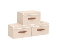 Yawinhe Boite de Rangement avec Couvercle,Caisses de Rangement Tissu,Panier de Rangement Pliable,pour Ranger Vêtements, Livres,26x20x17cm,Beige,Lot de 3,SNK018BEN-3