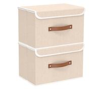 Yawinhe Lot de 2 Boîte de Rangement avec Couvercle, Pliable, Tissu, pour Serviettes, Vêtements, 38x25x25cm, Beige, SNK018BE-2