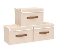 Yawinhe Lot de 3 Boîte de Rangement avec Couvercle, Pliable, Tissu, pour Serviettes, Vêtements, 45x30x30cm, Beige, SNK018BE-L