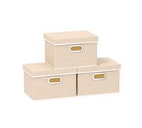 Yawinhe Lot de 3 Boîte de Rangement, Bac de Rangement Pliable en Lin avec Couvercle，Boîte en Tissu avec 2 Poignée,pour Chambre, Salon, 26x20x17cm, Beige,SNK023BEN-3