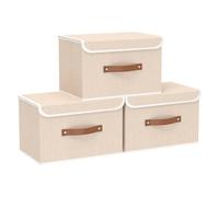Yawinhe Lot de 3 Caisse de Rangement avec Couvercle, Tissu, Pliable, Lavable, pour Serviettes, Vêtements, 38x25x25cm, Beige, SNK018BE