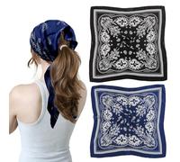 YAWYO Lot de 2 grands foulards carrés en satin, bandanas noirs et bleu marine pour femmes et hommes, parfaits pour envelopper les cheveux et dormir