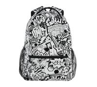 Yaxinduobao Cool Green Sac à dos d'école noir avec console de jeu, moyenne et durable, pour garçons de 10 à 12 ans, capacité de 18 l avec plusieurs poches, taille M, Graffiti noir et blanc, M