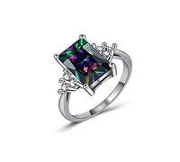 Yaya Bague de fiançailles pour femme Coupe carrée Topaze arc-en-ciel mystique CZ blanc oxyde de zirconium cubique bague de promesse pour elle anniversaire de mariage, 6#, Plaqué argent