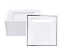 YAYODS Lot de 30 assiettes en plastique réutilisables - 16,5 cm - Blanches - Assiettes à gâteau carrées avec bord argenté - Petites assiettes - Assiettes à petit-déjeuner en plastique - Pour mariages,