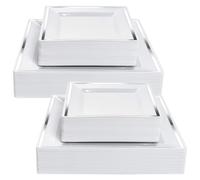 YAYODS Lot de 50 Assiettes Plastique Rigide avec Bordure Argentée - 25 Assiettes Plates (24cm) + 25 Assiettes Dessert (16,5cm) - Service de Table Carré Réutilisable pour Mariage, Anniversaire et Récep